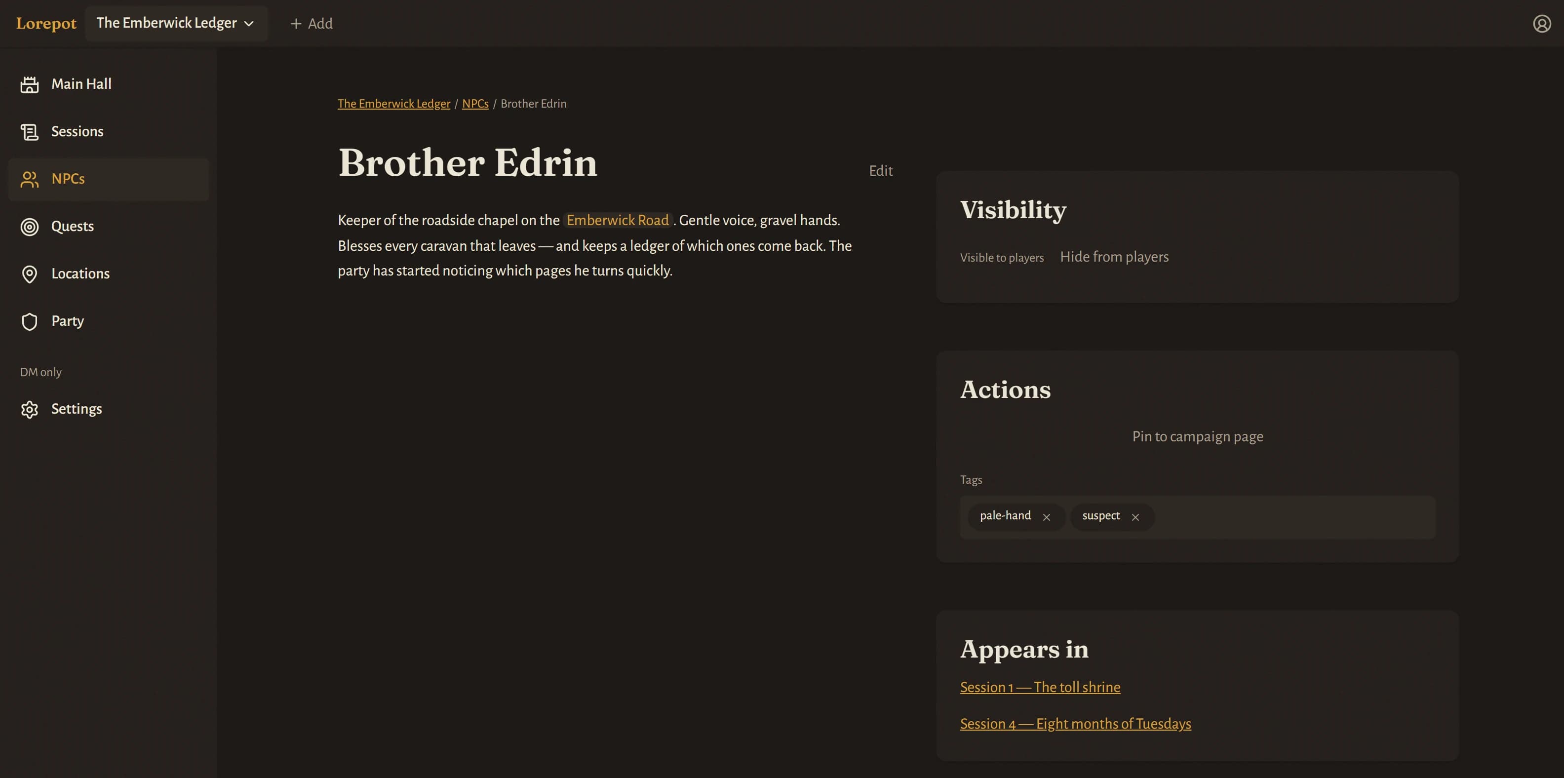 Brother Edrin's NPC page listing the sessions he appears in