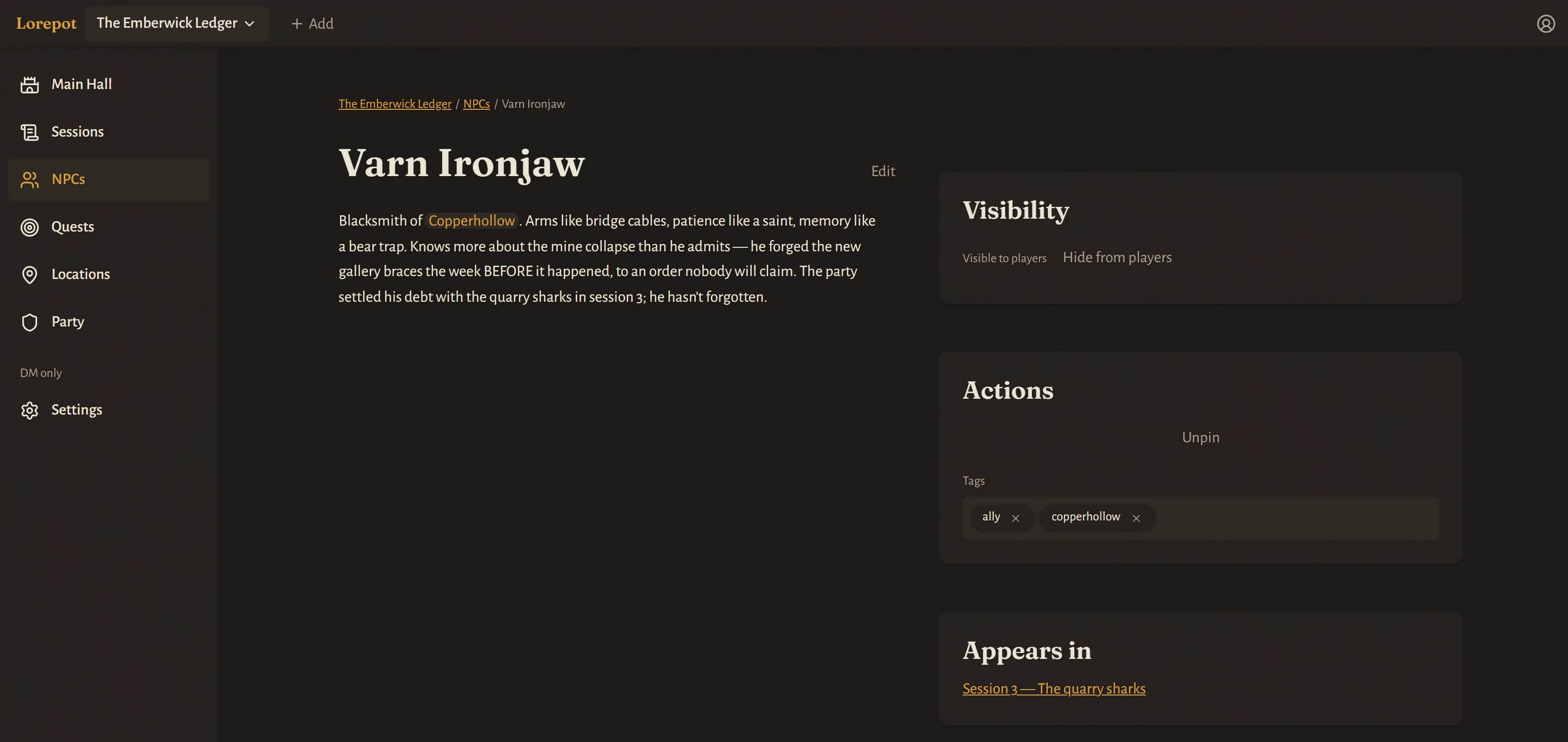 Varn Ironjaw's NPC page, auto-created and listing where he appears