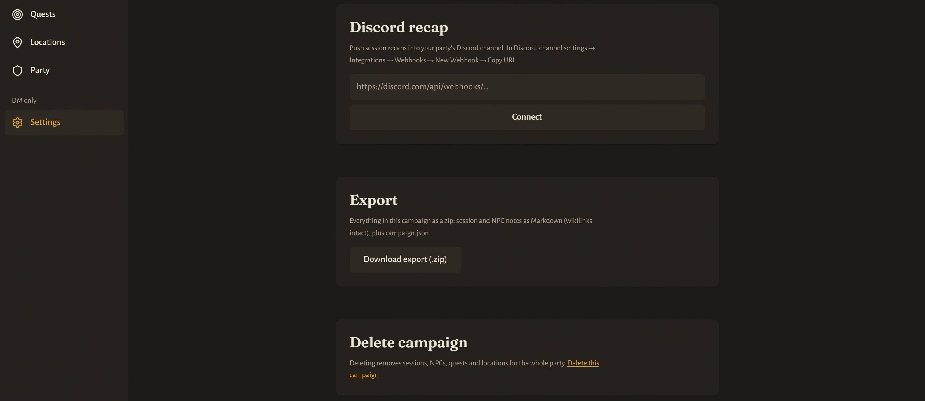 The campaign export section in Settings