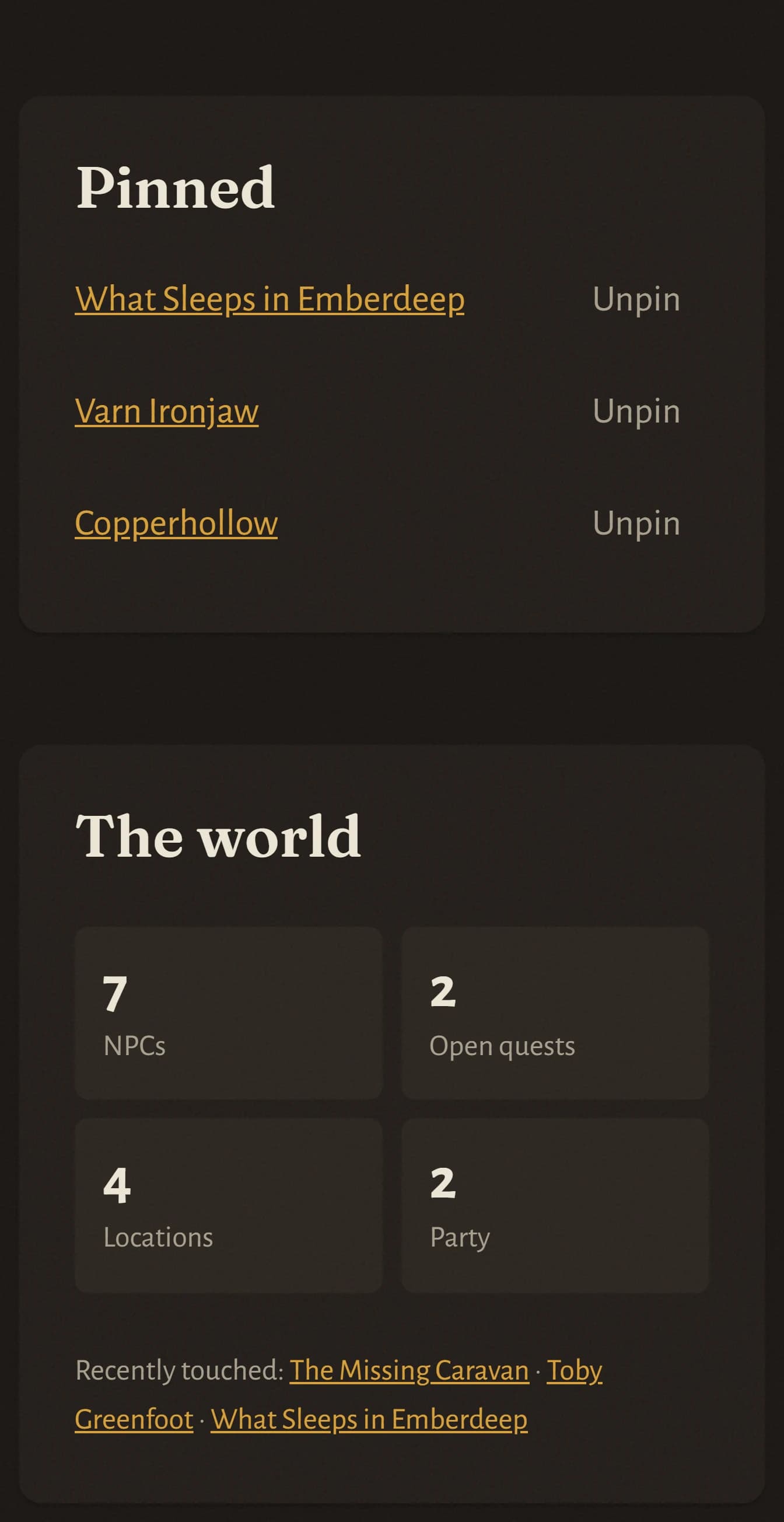The hall's world panel: the pinned quest, NPC and location, and the campaign's counts at a glance